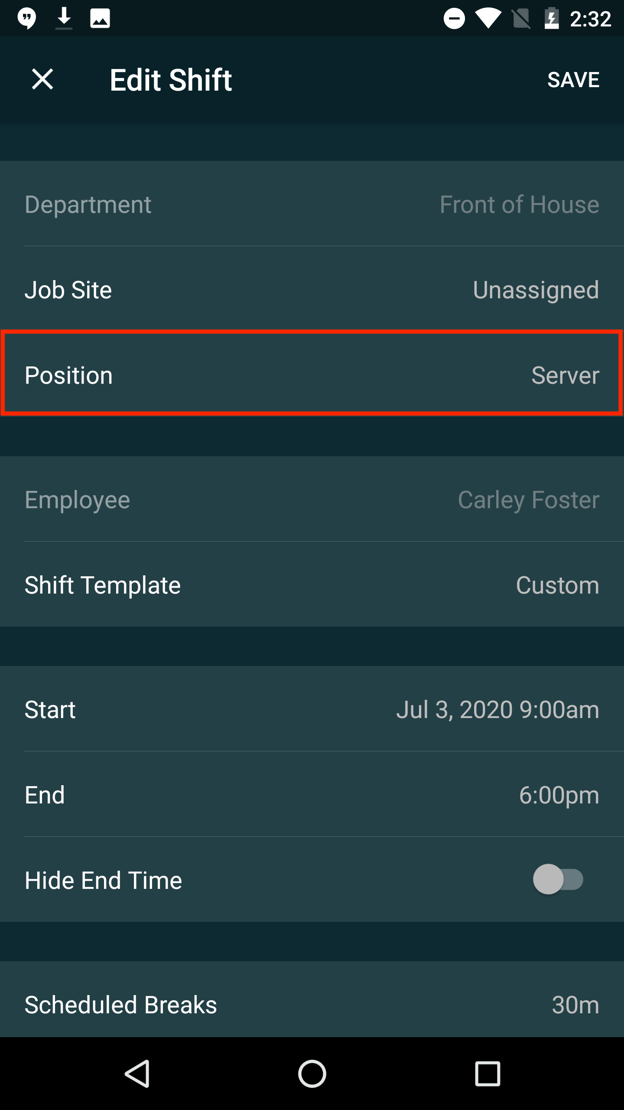 Position Shift Example Editing and Deleting Shifts